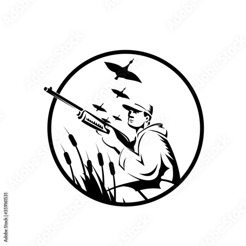 Bird Hunter or Duck Shooter With Rifle Circle Retro Black and White