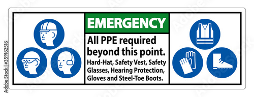 Emergency PPE Required Beyond This Point. Hard Hat, Safety Vest, Safety Glasses, Hearing Protection