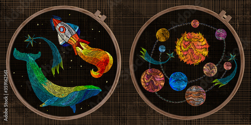 Embroidery collection. Space whale in universe, solar system, meteor. Template tambour frame with a canvas, elements from stitches. Art for clothes