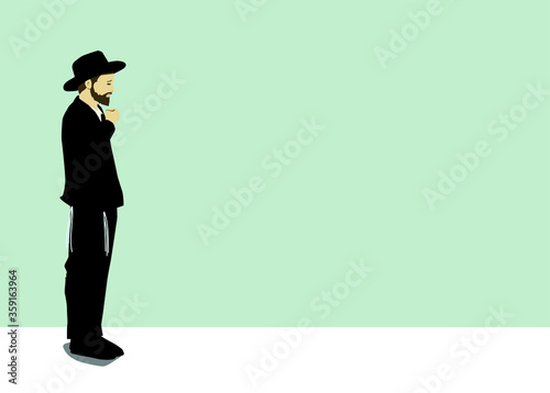 Vector drawing of a chassid. Religious orthodox Jew. Torah observant and commandments. Praying, crying, sighing, begging,
The figure is wearing a hat, and a black suit, with tassels on both sides.