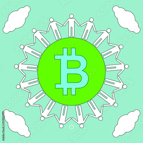 Illustration of decentralized people get connected by standing hand in hand globally. Fit for bitcoin and cryptocurrency-related content, product, service, etc.