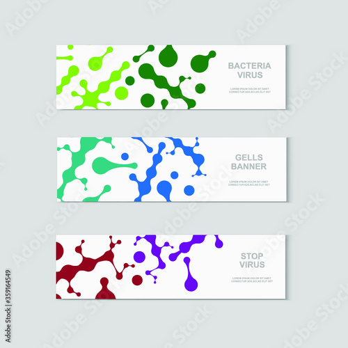 Horizontal banners with abstract molecules design. Vector illustration. Medical background for banner or flyer. Molecular structure with blue spherical particles.