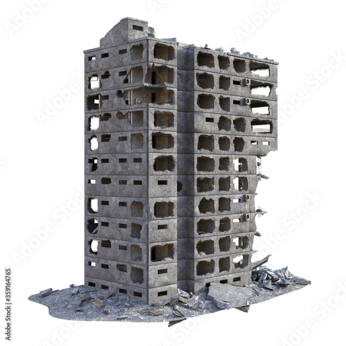 3D Rendered Ruined Modern Building Isolated On White Background - 3D Illustration