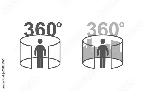 360 degrees icon - 3D panorama, virtual tour, street view or VR technology emblem - isolated monochrome logo