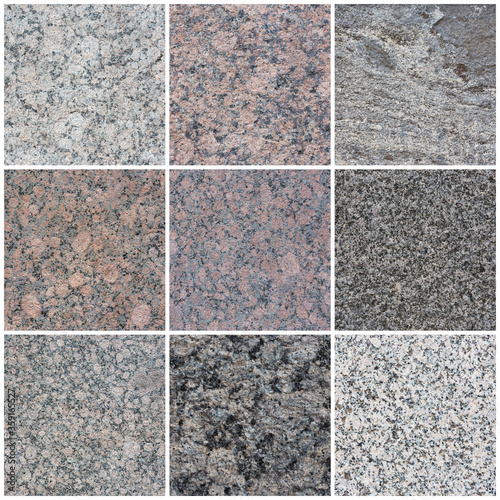 Granite texture set. Collection of stone backgrounds. Natural granite with a grainy pattern. Solid rough surface of rock.