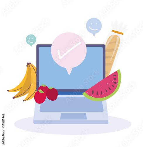 online market, laptop fruits ordering food grocery shop home delivery
