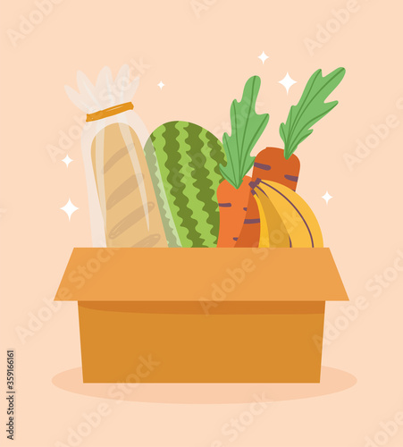 online market, bread fruits and vegetable in cardboard box, food grocery shop home delivery
