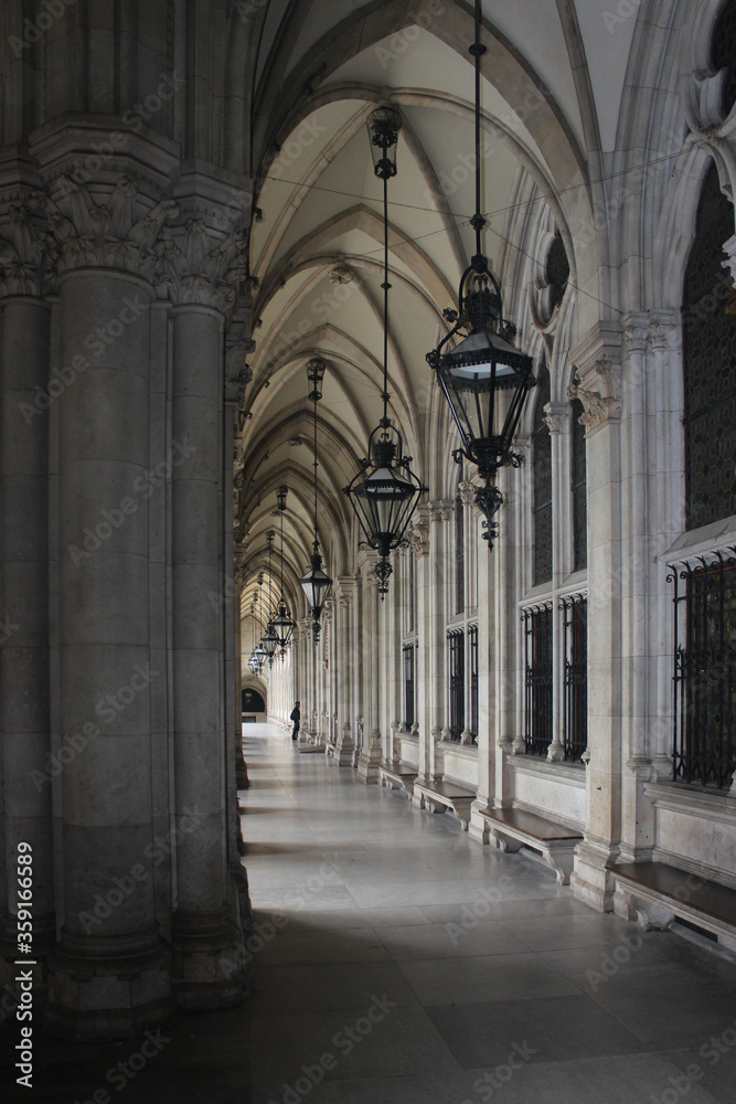 Projection Of Gothic Columns And Arches And Lamps In The Old Building Projection Of Gothic Columns And Arches And Lamps In The Old Building