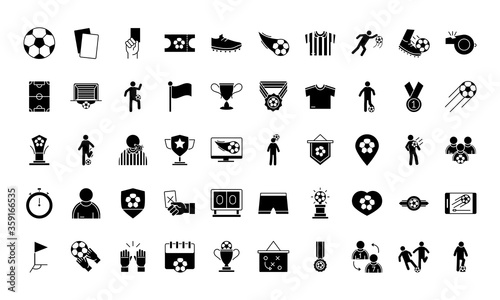 soccer game, trophy league recreational sports tournament silhouette style icons set
