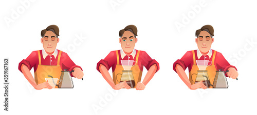 Barista coffee Men concocting drinks with red cloth recipes - cartoon vector illustration
