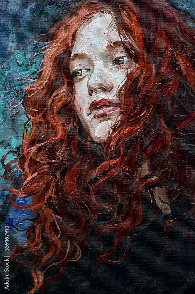 Young girl with red hair and beautiful green eyes. Oil painting on ...