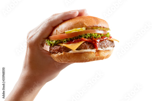 mano con hamburguesa.  hand with hamburger