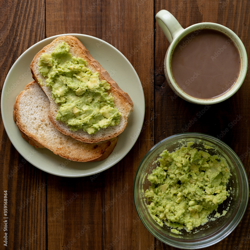 Tasty toasts with avocado and a cup of coffee for breakfast on plate on brown wooden table. Vertical. Top view Tasty toasts with avocado and a cup of coffee for breakfast on plate on brown wooden table. Vertical. Top view