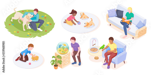Pets and owners play and care daily life, vector isometric set. Woman cuddles cat on sofa, girl playing with puppies and man walking dog in park, rabbit, parrot and aquarium fishes, pets animals