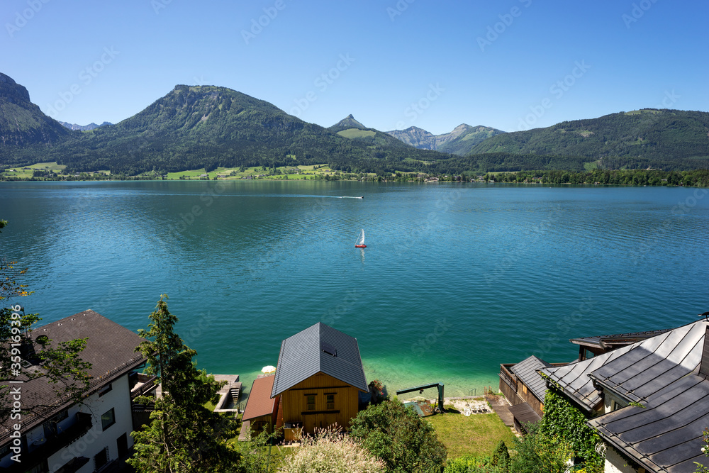 Landscape of Wolfgangsee lake with its surrounding mountains. Austria	