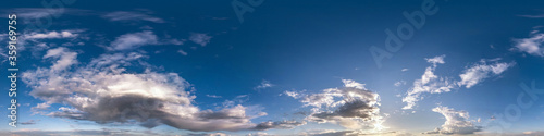 blue sky with beautiful fluffy cumulus clouds. Seamless hdri panorama 360 degrees angle view without ground for use in 3d graphics or game development as sky dome or edit drone shot © hiv360