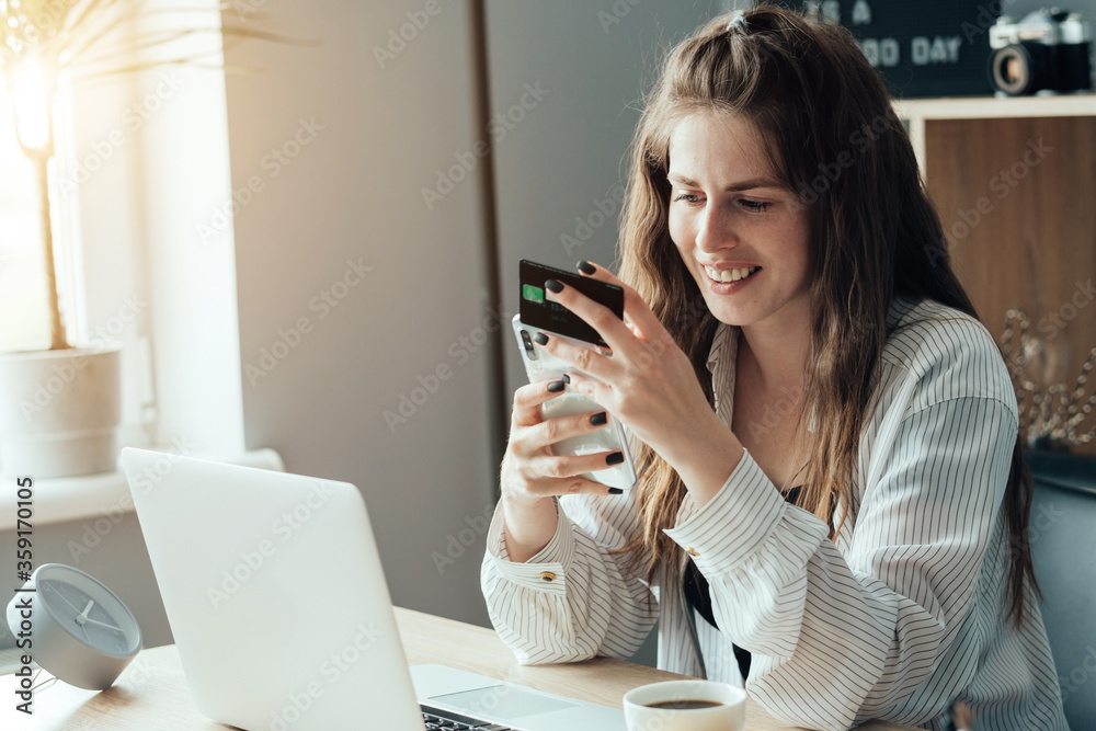 Portrait of Young Adult Girl Working From Home and Doing Online Shopping with Credit Card, Freelance and Remote Work Concept Portrait of Young Adult Girl Working From Home and Doing Online Shopping with Credit Card, Freelance and Remote Work Concept