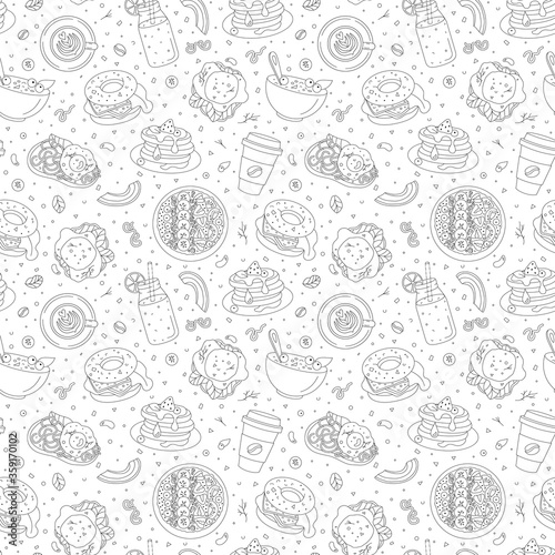 Healthy breakfast food seamless pattern in black and white colors. Colored page for adults. Line illustration photo