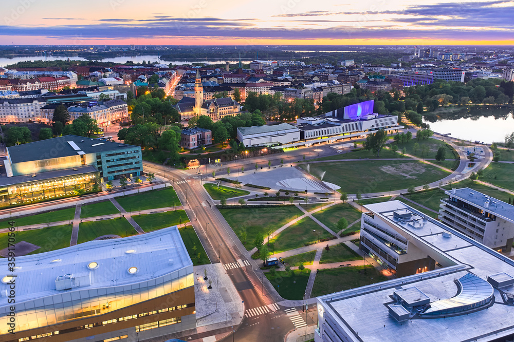 Aerial view of Park in central Helsinki, Finland. In picture Toolonlahden park, Finlandia Hall, library Oodi. Summer night in Helsinki.