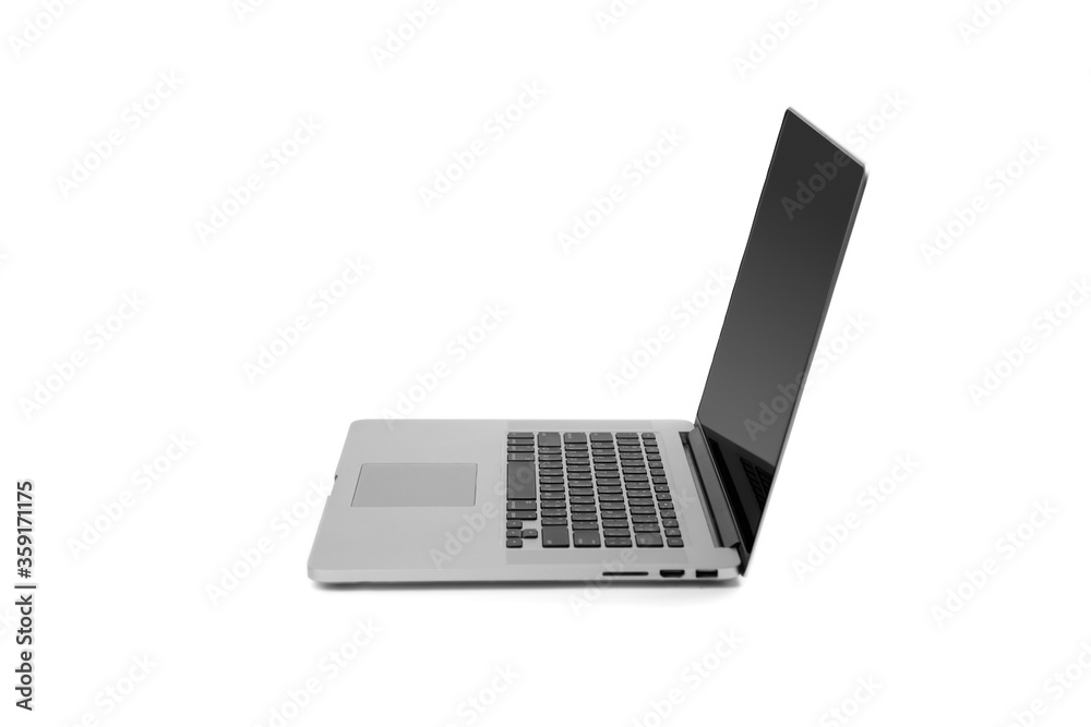 Laptop gray metalic sliver colour notebook beside view open cover on the white background. Clipping Path. Laptop gray metalic sliver colour notebook beside view open cover on the white background. Clipping Path.