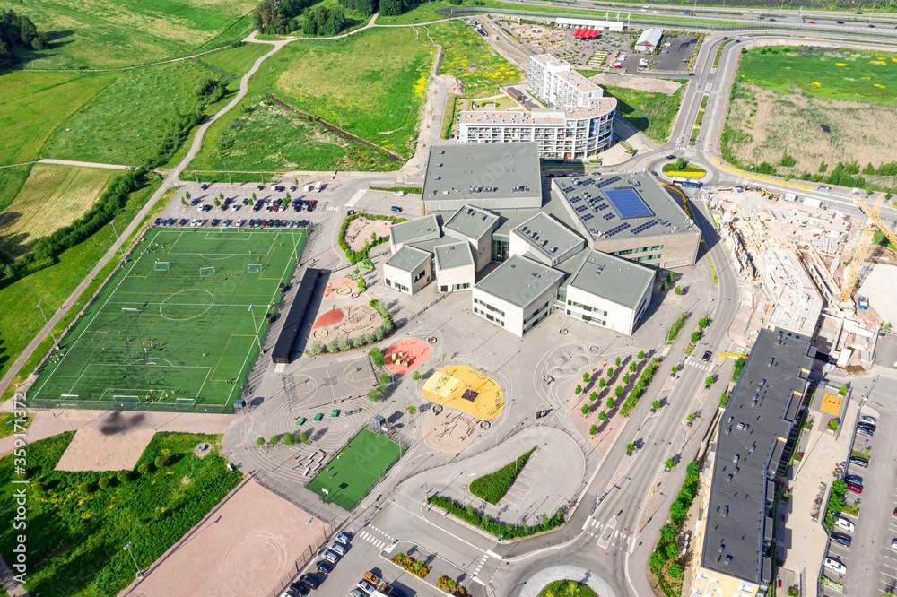 Aerial view of School building in Suurpelto district, Espoo, Finland.