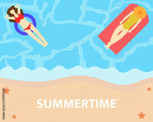 Illustration vector design of summertime. Hello summer. Woman taking a nap on the sea.