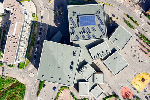 Obraz na płótnie Aerial view of the roof of School building in Suurpelto district, Espoo, Finland. w salonie