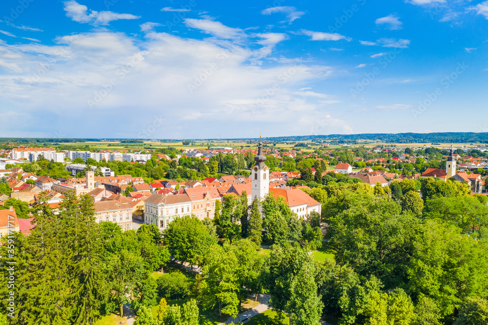 Panoramic aerial view of the town of Koprivnica in Podravina region in Croatia, church and city park