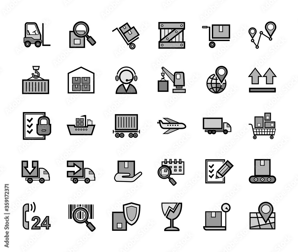 Cargo delivery, badges, set, grey. Freight. Gray images with a black outline. Vector. Cargo delivery, badges, set, grey. Freight. Gray images with a black outline. Vector.