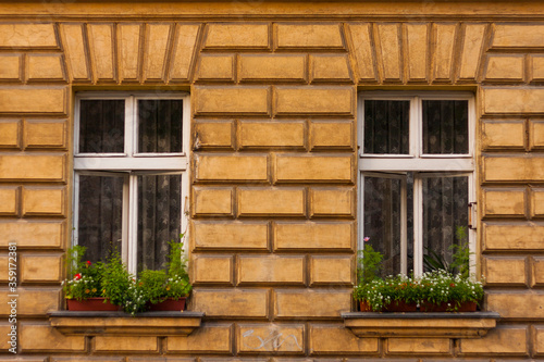 yellow wall with windows in old city Poland