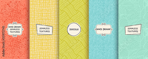 Set of seamless hand drawn texture designs for backgrounds, business cards, web design. Doodle pattern with trendy modern labels on bright background. vector illustration