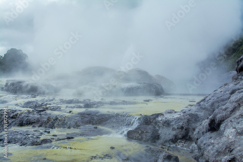 Moody landscape of geothermal area near Rotorua, New Zealand