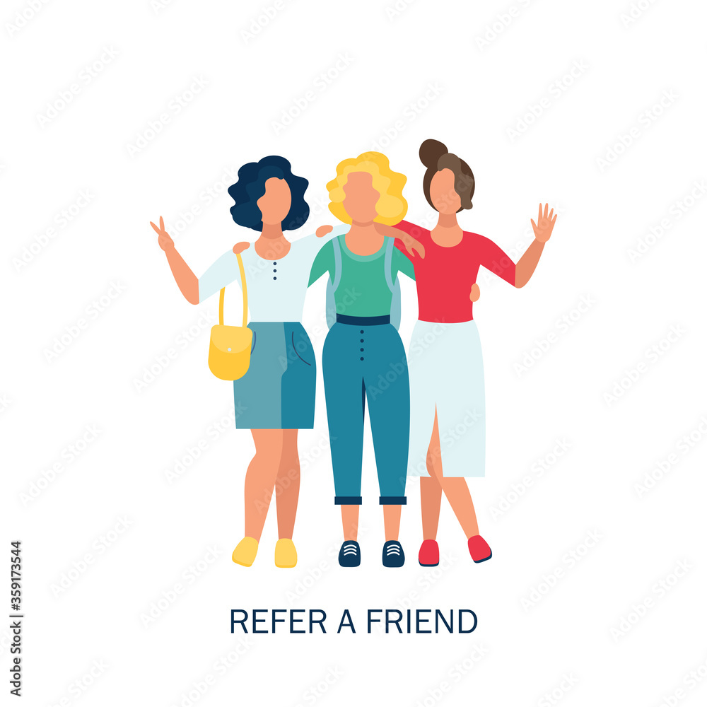 Fototapeta premium Concept of referral marketing, Refer A Friend loyalty program, promotion method. Vector illustration in flat style