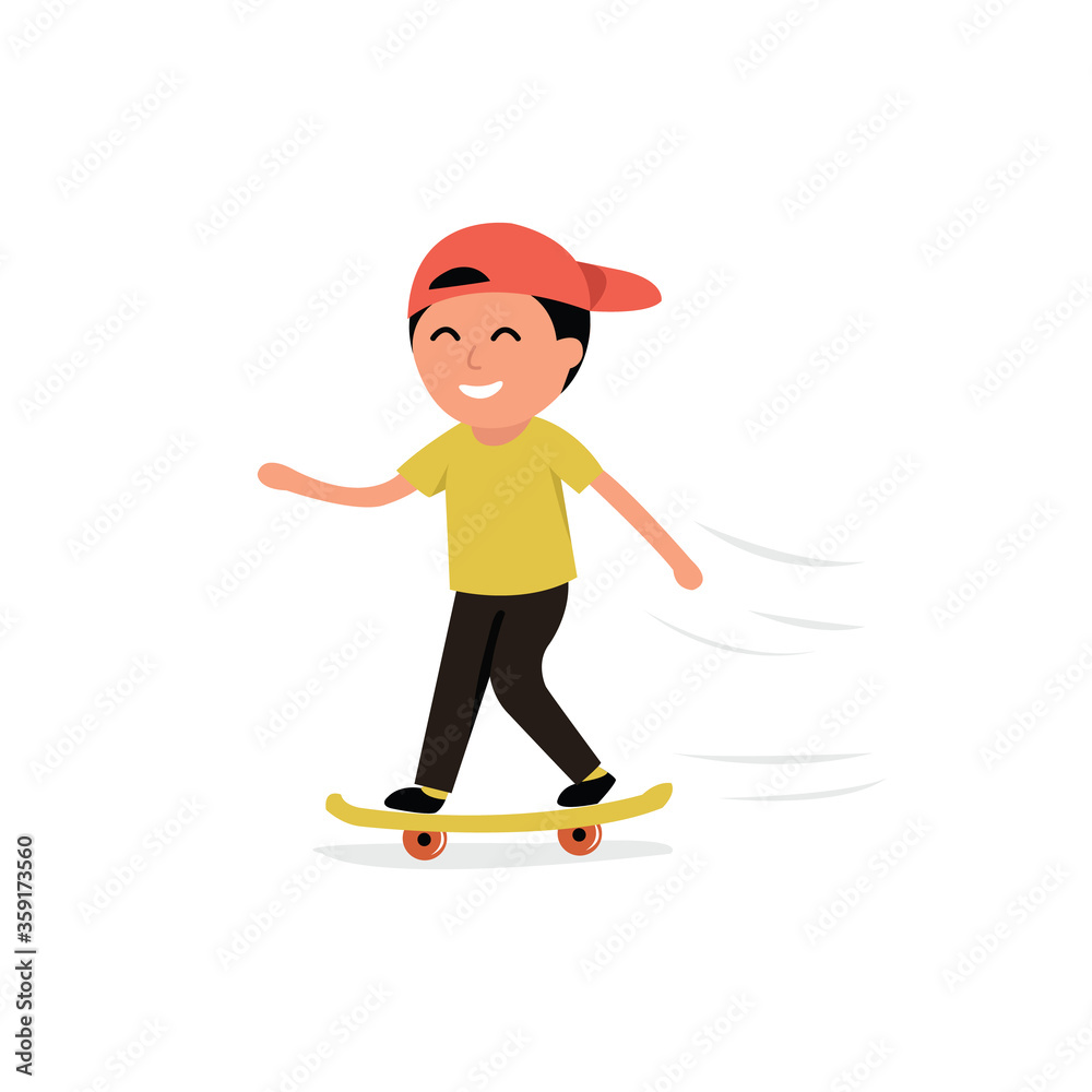 young man with skateboard, play skateboard and happy face.