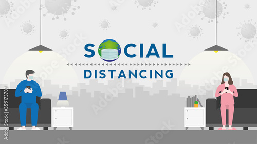 Social distancing concept. Couple sitting apart at home