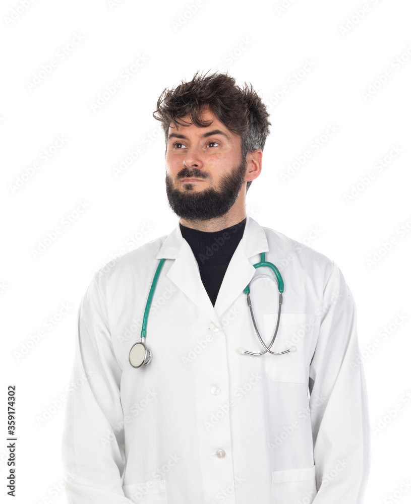 Young doctor with beard wearing a medical gown Young doctor with beard wearing a medical gown