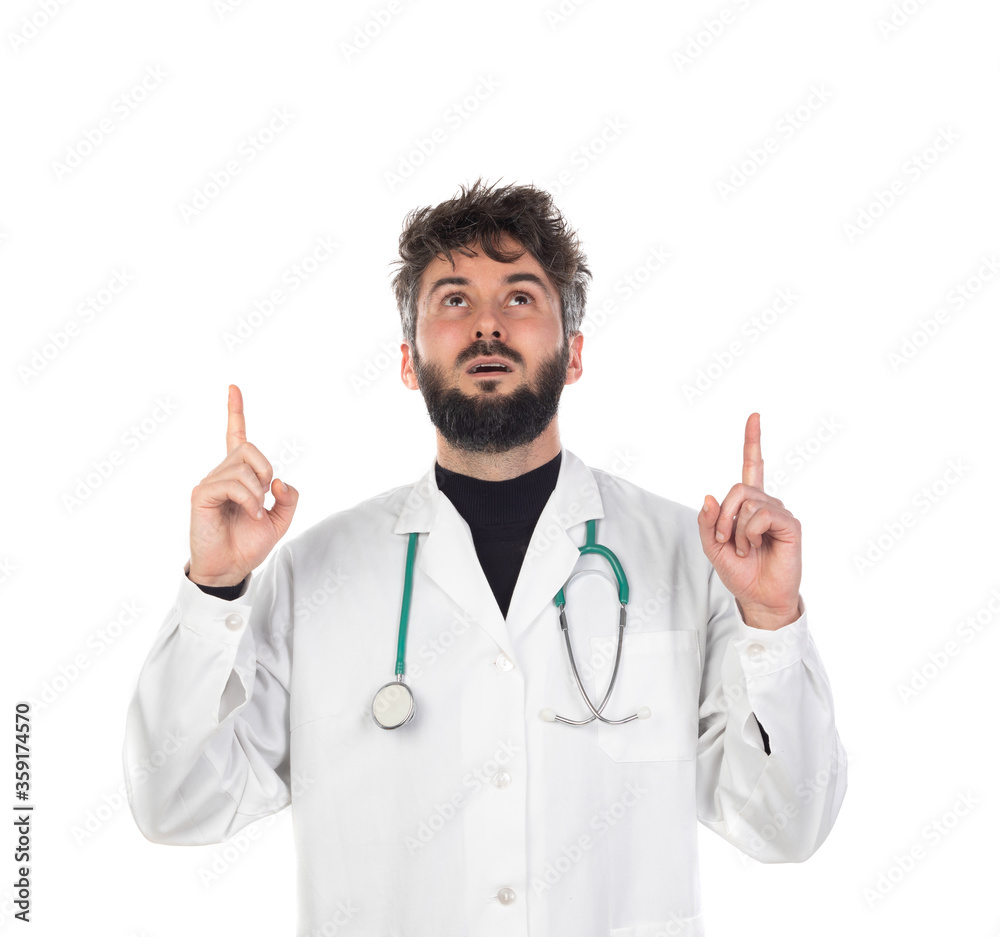 Young doctor with beard wearing a medical gown Young doctor with beard wearing a medical gown