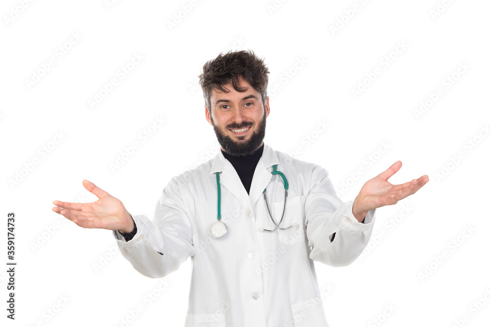 Young doctor with beard wearing a medical gown Young doctor with beard wearing a medical gown