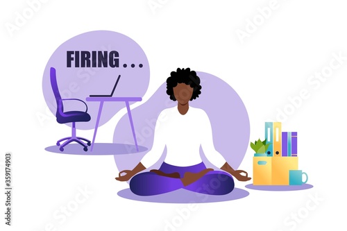 Vector illustration of firing employee. African woman sitting in lotus position practicing meditation. Unemployment concept, crisis, jobless and employee job reduction. Job loss.