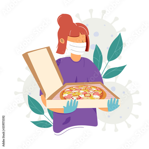 Pizza delivery woman in medical mask and sterile gloves. Safe and fast home delivery. Safety delivery concept. Flat vector illustration