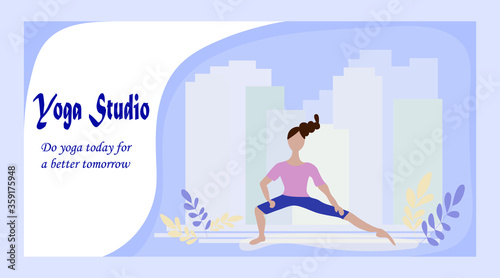 Yoga school web page template, studio. Woman doing yoga exercises on the background of the big city. Modern flat design. The concept of a healthy lifestyle and sport. Vector illustration