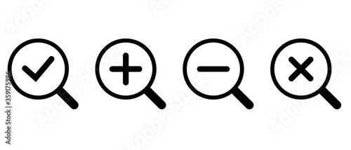 Set search icons with checkmark, plus, minus, cross symbol. Magnifying glass icon isolated on white background. loupe sign vector illustration.