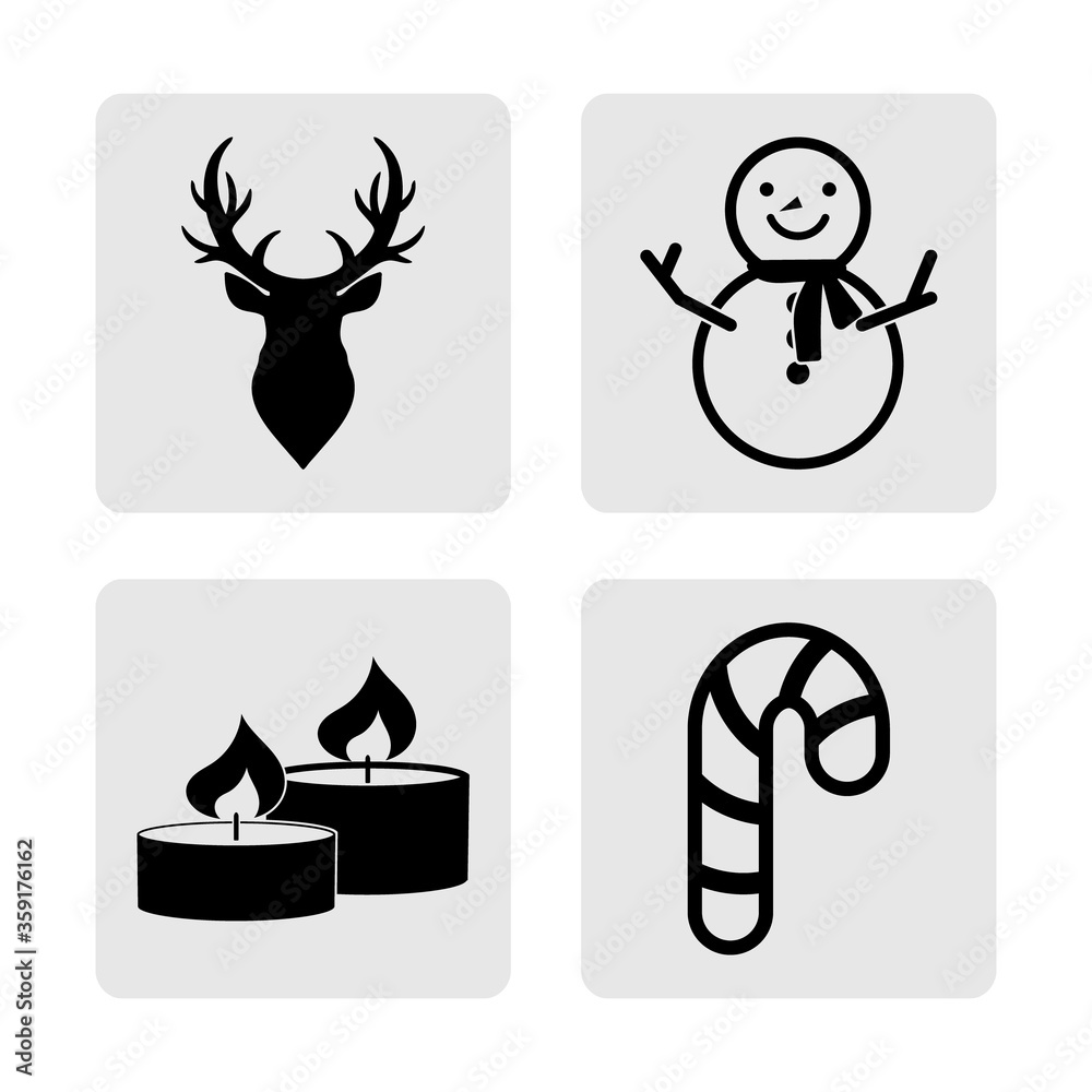 Set black christmas stencil on gray. Collection icons. Deers head, snowman,candle and sweet. Vector stock illuctration. EPS 10