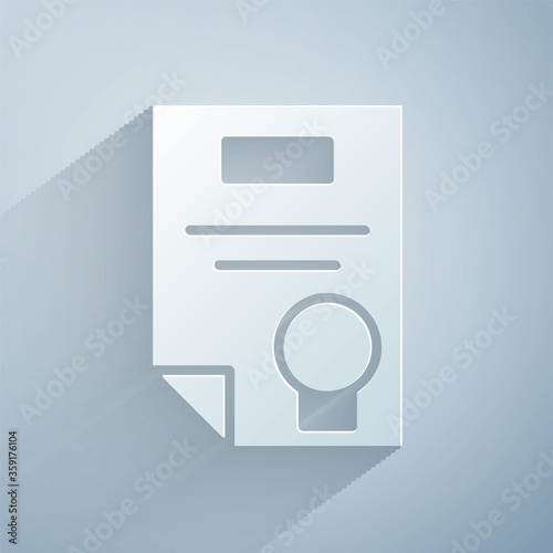 Paper cut Certificate template icon isolated on grey background. Achievement, award, degree, grant, diploma concepts. Paper art style. Vector Illustration.