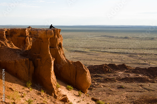 Sandstone formations of Bayanzag (Flaming Cliffs) is archeological dinosaur dig site in south Gobi desert, Mongolia