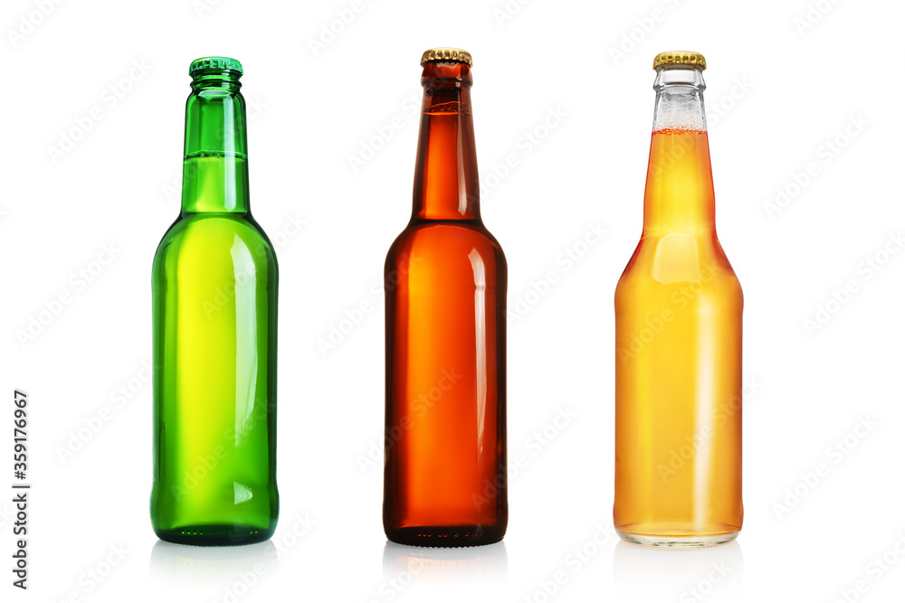 Three beer bottles without label isolated on white. Three beer bottles without label isolated on white.