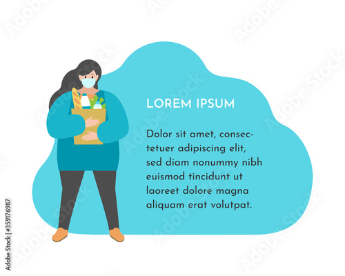 Vector flat illustration concept with body positive adult girl stay with paper bag for fresh products: drinks, food. Chubby woman wears mask in quarantine time and stocks up for long isolation at home