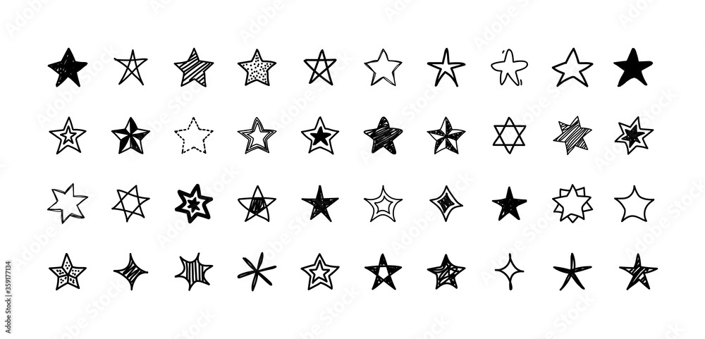 Fototapeta premium Set of different shape black star icons. Collection of star sparkles symbol. Design on white background. Hand-drawn, doodle style. Vector illustration.