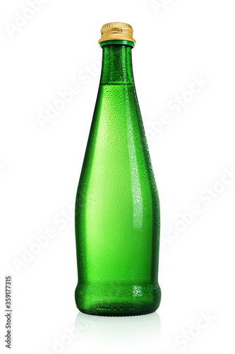 Green glass bottle mineral water without label isolated on white background.