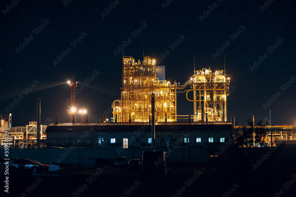 Petrochemical Factory Plant with lights at night